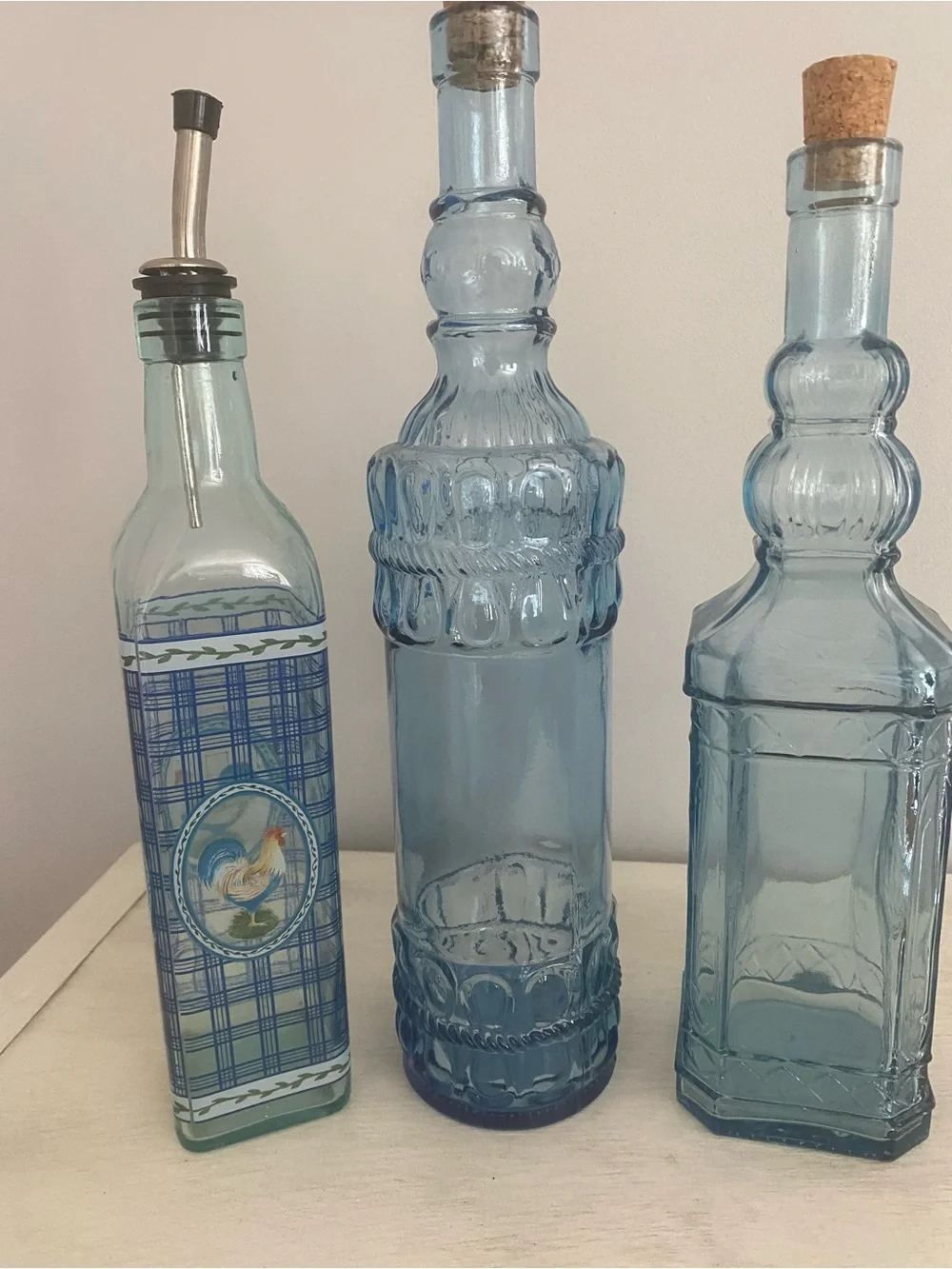 Blue Glass Set 1 Olive Oil Cruet Bottle and 2 with Cork Tops